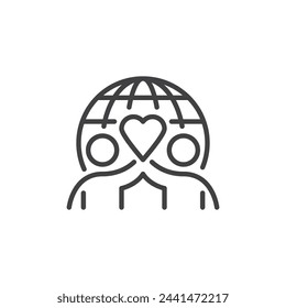 Charity Partnership line icon. linear style sign for mobile concept and web design. Two person with heart and globe outline vector icon. Volunteer symbol, logo illustration. Vector graphics