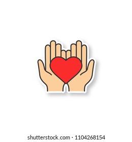 Charity patch. Life insurance. Hands holding heart. Medicine and healthcare color sticker. Vector isolated illustration