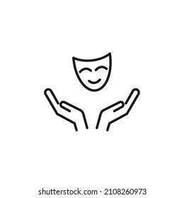 Charity And Philanthropy Concept. Hight Quality Sign Drawn With Thin Line. Suitable For Web Sites, Stores, Internet Shops, Banners Etc. Line Icon Of Theatrical Mask Over Opened Hands 