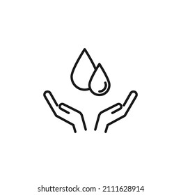 Charity and philanthropy concept. Hight quality sign drawn with thin line. Suitable for web sites, stores, internet shops, banners etc. Line icon of water drops over opened hands 