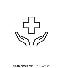 Charity and philanthropy concept. Hight quality sign drawn with thin line. Suitable for web sites, stores, internet shops, banners etc. Line icon of cross over opened hands 