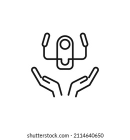 Charity and philanthropy concept. Hight quality sign drawn with thin line. Suitable for web sites, stores, internet shops, banners etc. Line icon of airplane steering wheel over opened hands 