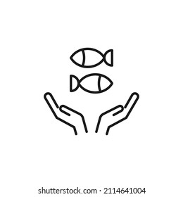 Charity and philanthropy concept. Hight quality sign drawn with thin line. Suitable for web sites, stores, internet shops, banners etc. Line icon of fishes over opened hands 