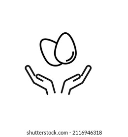 Charity and philanthropy concept. Hight quality sign drawn with thin line. Suitable for web sites, stores, internet shops, banners etc. Line icon of eggs over opened hands 