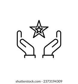 Charity and philanthropy concept. Hight quality sign drawn with thin line. Suitable for web sites, stores, internet shops, banners etc. Line icon of star over opened hand