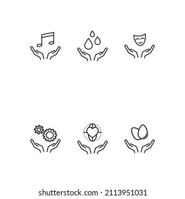 Charity And Philanthropy Concept. Modern Vector Outline Symbols Drawn With Thin Line. Line Icon Collection. Icons Of Musical Note, Drops, Theatrical Mask, Gear, Globe, Eggs Over Heart 