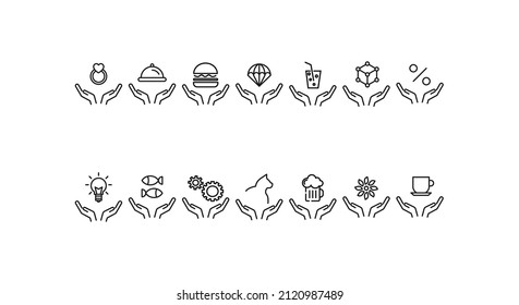 Concepto de caridad y filantropía. Símbolos de contorno vectorial modernos dibujados con línea delgada. Colección de iconos de línea. Iconos de anillo, tazón con manto, piñón, flor, bombilla, etc. sobre manos abiertas 