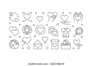 Charity and philanthropy vector concept horizontal banner or illustration in thin line style