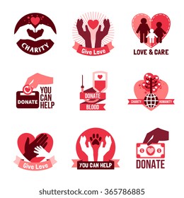  Charity pink logo emblems set with humanity symbols flat isolated vector illustration 