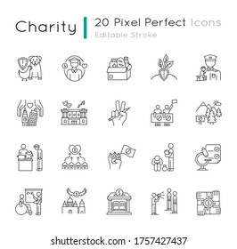 Charity pixel perfect linear icons set. Food donation. Financial aid. Volunteering for public work. Customizable thin line contour symbols. Isolated vector outline illustrations. Editable stroke