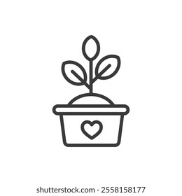 Charity plant, icon in line design. Charity, plant, growth, donation, green, care, environment on white background vector. Charity plant editable stroke icon