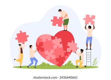 Charity project, international donation service and organization Tiny people hold puzzle pieces to fit inside heart, cooperation of volunteers giving love and money gift cartoon vector illustration