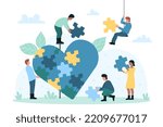 Charity project, non profit organization vector illustration. Cartoon tiny volunteers fit puzzles into heart, cooperation of people donate help, give support and hope. Sponsorship, community concept