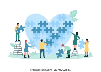 Charity project, non profit organization vector illustration. Cartoon tiny people fit puzzle into heart shape, volunteers share support and social help, donate kindness, hope and love gift together