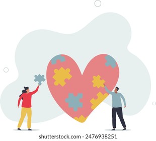 Charity project, non profit organization .Cartoon tiny volunteers fit puzzles into heart.flat illustration.