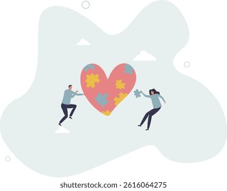 Charity project, non profit organization .Cartoon tiny volunteers fit puzzles into heart.flat character life .