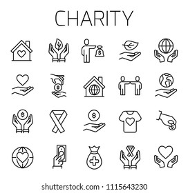 Charity related vector icon set. Well-crafted sign in thin line style with editable stroke. Vector symbols isolated on a white background. Simple pictograms.