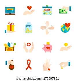 Charity and relief volunteer assistance icons flat set isolated vector illustration