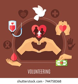Charity round composition with image of human hands love gesture and heart icons with medical silhouette symbols vector illustration