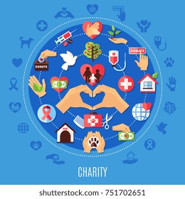 Charity round composition with set of isolated emoji style donation icons and decorative symbols with silhouettes vector illustration