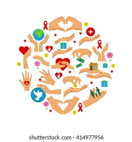 Charity round set with isolated flat icons of hands in different positions grouped in circle area vector illustration