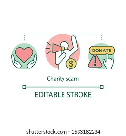 Charity Scam Concept Icon. Fake Non Profit Organization Idea Thin Line Illustration. Suspicious Aid Institution. Non Existent Companies. Vector Isolated Outline Drawing. Editable Stroke