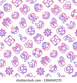 Charity seamless pattern with thin line icons: donation, save world, reunion, humanitarian aid, ribbon, medical support, charity to disabled people, life saving. Modern vector illustration. 