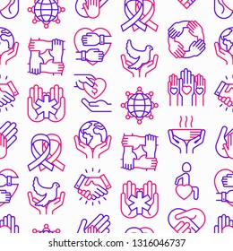 Charity seamless pattern with thin line icons: donation, save world, reunion, humanitarian aid, ribbon, medical support, charity to disabled people, life saving. Modern vector illustration. 