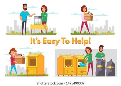 Charity service web banner vector template. Social workers, people donating clothes, money and food flat illustrations set. Boy, young volunteer carrying cardboard box with toys cartoon character