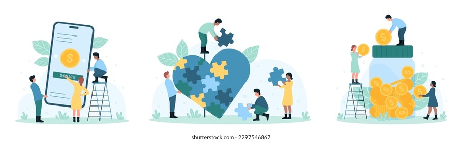 Charity services set vector illustration. Cartoon generous tiny people give money cash to glass donation jar, volunteers collect heart from puzzle pieces, donate coins with mobile app in phone