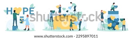 Charity services set vector illustration. Cartoon tiny people holding hearts to throw into donation box and glass jar near Hope word, donate financial contribution to bank of nonprofit organization