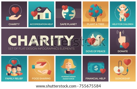 Charity - set of flat design infographics elements. Square icons. Accomodation help, safe planet, plant a tree, children, dove of peace, donate, family relief, food sharing, humanitarian assistance
