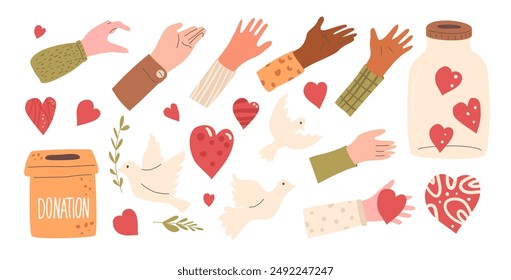 Charity set. Hands with hearts shape, donation box and dove of peace. Palms with charity and kindness symbols kit. Vector hand drawn collection illustration isolated on white background.