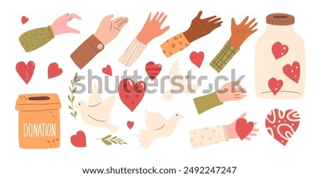 Charity set. Hands with hearts shape, donation box and dove of peace. Palms with charity and kindness symbols kit. Vector hand drawn collection illustration isolated on white background.