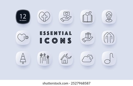 Charity set icon. Cross and heart, hand with heart, open book, location with cross, tree, candles, house with crescent, gift box in hand, prayer hands. Ideal for charity, religion, and faith themes