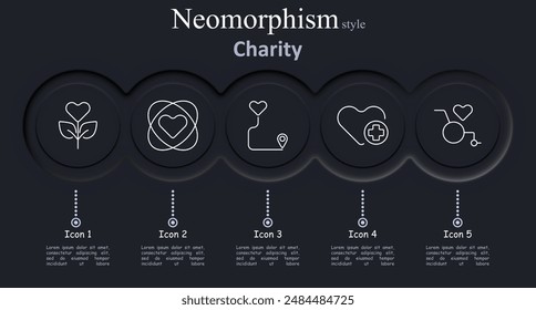 Charity set icon. Heart flower, overlapping hearts, heart with location, heart with cross, heart with wheelchair, love, support, donation, help, care.