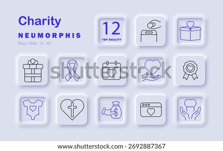 Charity set icon. Heart, gift, ribbon, calendar, award, baby clothes, coin, donation box, hands, cross, website, money helpful action with support, care, love, hope, kindness, giving.