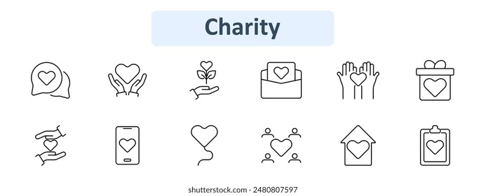 Icono de organización benéfica. Corazón, mano, planta, sobre, regalo, smartphone, comunidad, casa, Portapapeles. Donación, Asistencia, voluntariado, amor, concepto de ayuda.