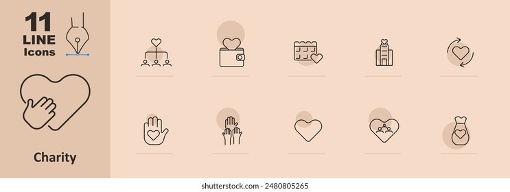 Charity set icon. Heart, hands holding heart, gift, balloon, envelope with heart, group, house, hands exchanging, clipboard. Non-profit and donation concept