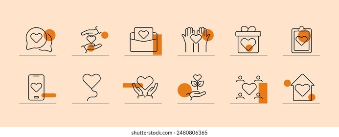 Charity set icon. Heart hands, plant, envelope, donation, gift box, mobile, community, house, clipboard, support, volunteer. Philanthropy, giving, social aid, nonprofit, support, community service