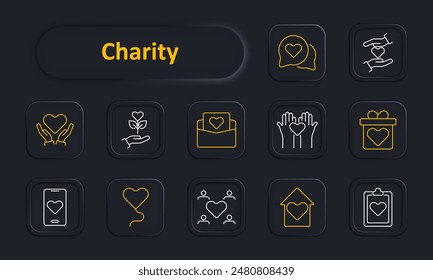 Charity set icon. Heart hands, plant, envelope, donation, gift box, mobile, community, house, clipboard, support, volunteer. Philanthropy, giving, social aid, nonprofit, support, community service