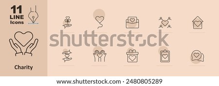 Charity set icon. Heart, hands holding heart, gift, balloon, envelope with heart, group, house, hands exchanging, clipboard. Non-profit and donation concept