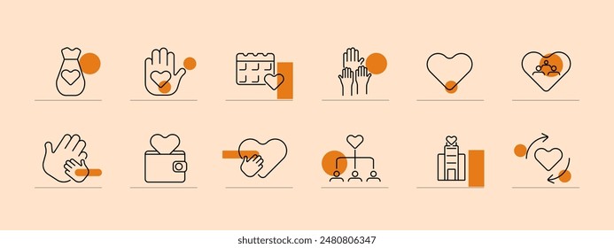 Icono de organización benéfica. Corazón, jerarquía, calendario del corazón, manos levantadas, corazón, cartera, institución, flechas del corazón, grupo. Donaciones, Asistencia, sin fines de lucro, concepto de ayuda comunitaria.