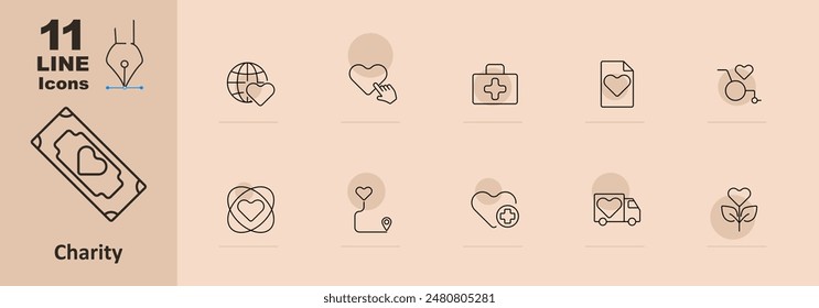 Icono de organización benéfica. Corazón y planta, caja de donación, globo con corazón, botiquín de primeros auxilios, ubicación con corazón, silla de ruedas, camión de caridad. Filantropía, ayuda, concepto de amabilidad.