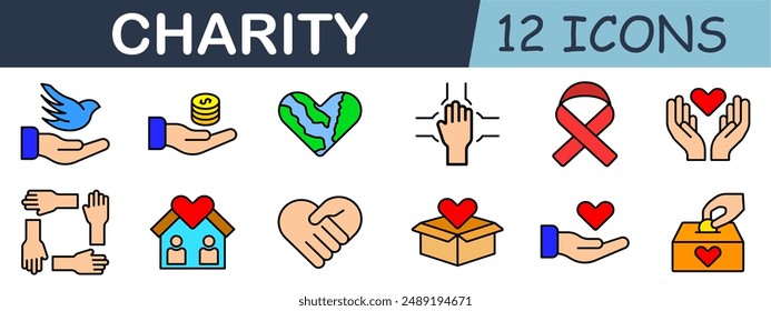 Charity set icon. Helping hands, donation, heart, earth, ribbon, box with heart, handshake, house, volunteer, love.