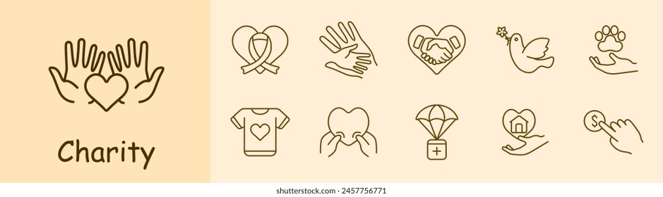 Charity set icon. Helping those in need, heart, palms, hands, ribbon, fighting cancer, bird, flower, animal protection, humanitarian aid, financial support. Helping concept.