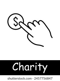 Charity set icon. Helping those in need, hand, palm, money, maintenance, sustenance, humanitarian aid, financial support, black lines on white background. Helping concept.