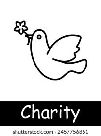 Charity set icon. Helping those in need, bird, flower, assistance, maintenance, sustenance, humanitarian aid, financial support, black lines on white background. Helping concept.