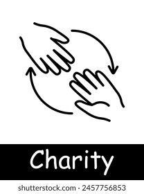 Charity set icon. Helping those in need, palms, hands, maintenance, sustenance, cooperation, aid, humanitarian aid, financial support, black lines on white background. Helping concept.