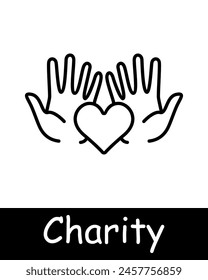 Charity set icon. Helping those in need, heart, palms, hands, maintenance, sustenance, cooperation, aid, humanitarian aid, financial support, black lines on white background. Helping concept.